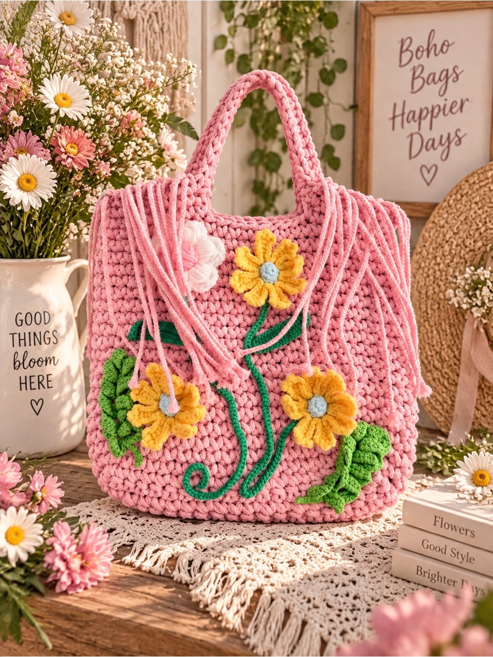 Pink POL Floral Crochet Tote Bag - Boho Handmade Style